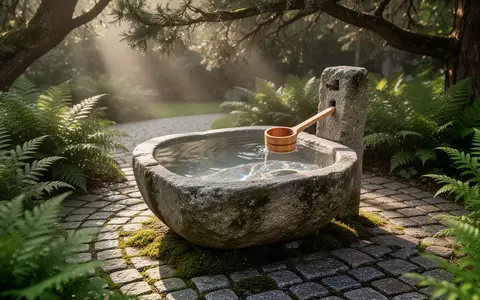 Ein steinernes Wasserbecken in einem ruhigen Kurpark mit einer hölzernen Schöpfkelle und üppigem Farnbewuchs. - Foto: über boerse-global.de