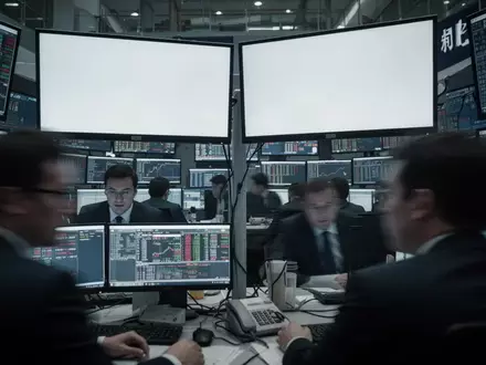 Börsensaal in Shanghai mit verschwommenen Investoren vor leeren Bildschirmen. - Foto: über boerse-global.de