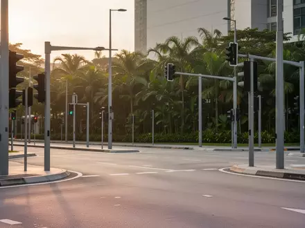 Moderne Verkehrskreuzung in Singapur mit Ampelmasten und städtischer Infrastruktur bei Sonnenuntergang. - Foto: über boerse-global.de