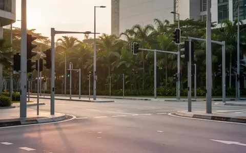 Moderne Verkehrskreuzung in Singapur mit Ampelmasten und städtischer Infrastruktur bei Sonnenuntergang. - Foto: über boerse-global.de
