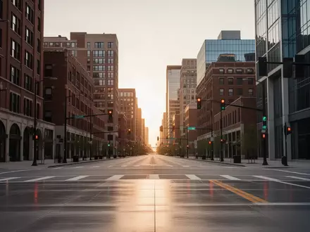 Eine menschenleere Straßenkreuzung in einem modernen Stadtviertel von Detroit bei Sonnenuntergang. - Foto: über boerse-global.de