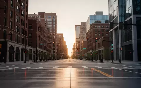 Eine menschenleere Straßenkreuzung in einem modernen Stadtviertel von Detroit bei Sonnenuntergang. - Foto: über boerse-global.de