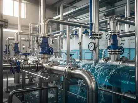 Moderne industrielle Wasseraufbereitungsanlage mit Edelstahlrohren und Wasserfluss. - Foto: über boerse-global.de