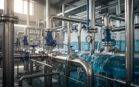 Moderne industrielle Wasseraufbereitungsanlage mit Edelstahlrohren und Wasserfluss. - Foto: über boerse-global.de