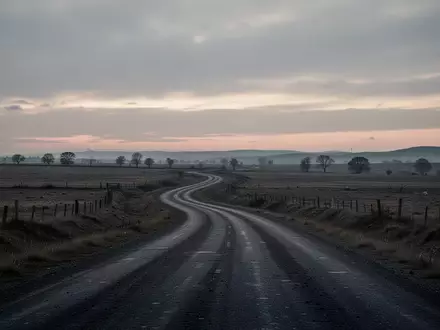 Eine einsame Landstraße, die sich durch eine weite, ländliche Landschaft unter einem bewölkten Abendhimmel schlängelt. - Foto: über boerse-global.de