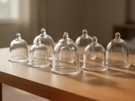 Traditionelle Schröpfgläser aus Glas auf einer hölzernen Unterlage in einem hellen, ruhigen Raum. - Foto: über boerse-global.de
