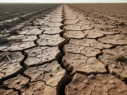 Nahaufnahme von trockenem, rissigem Ackerboden auf einem weitläufigen Feld bei Tageslicht. - Foto: über boerse-global.de