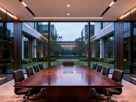Ein minimalistischer Konferenzraum mit bodentiefen Fenstern und Blick auf eine moderne Stadtlandschaft bei Dämmerung. - Foto: über boerse-global.de
