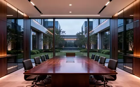 Ein minimalistischer Konferenzraum mit bodentiefen Fenstern und Blick auf eine moderne Stadtlandschaft bei Dämmerung. - Foto: über boerse-global.de