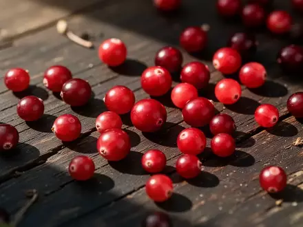 Frische rote Cranberries auf einem dunklen, rustikalen Holztisch bei natürlichem Licht. - Foto: über boerse-global.de