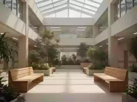 Ein heller, moderner Krankenhaus-Innenhof mit Pflanzen und natürlichem Licht, der eine ruhige und erholsame Atmosphäre ausstrahlt. - Foto: über boerse-global.de