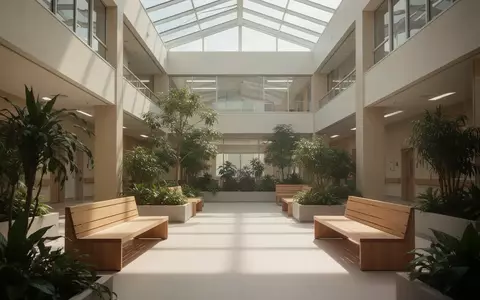Ein heller, moderner Krankenhaus-Innenhof mit Pflanzen und natürlichem Licht, der eine ruhige und erholsame Atmosphäre ausstrahlt. - Foto: über boerse-global.de