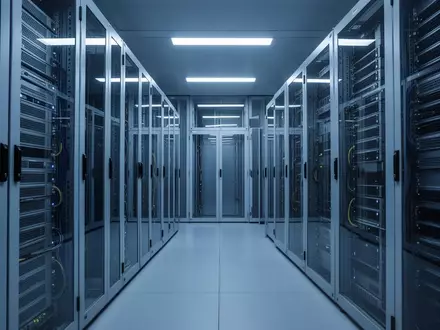 Modernes Rechenzentrum mit modularen Metall-Serverracks in kühlem, blauem Licht. - Foto: über boerse-global.de
