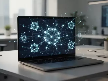 Moderner Arbeitsplatz mit einem Laptop, der abstrakte Blockchain-Netzwerkstrukturen und digitale Datenverbindungen zeigt. - Foto: über boerse-global.de