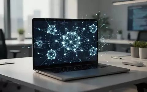 Moderner Arbeitsplatz mit einem Laptop, der abstrakte Blockchain-Netzwerkstrukturen und digitale Datenverbindungen zeigt. - Foto: über boerse-global.de