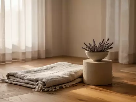 Ein minimalistischer, ruhiger Raum mit sanftem Tageslicht, einer gefalteten Decke und Lavendel, der eine Atmosphäre der Erholung ausstrahlt. - Foto: über boerse-global.de