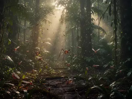 Dichter tropischer Regenwald bei Sonnenaufgang, der den natürlichen Lebensraum von Mücken zeigt. - Foto: über boerse-global.de