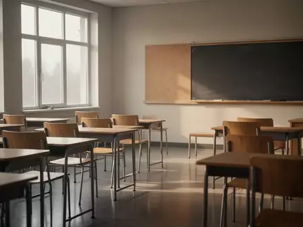 Ein leerer, sonnendurchfluteter Klassenraum mit leeren Schreibtischen und einer Tafel an der Wand. - Foto: über boerse-global.de