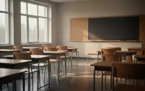 Ein leerer, sonnendurchfluteter Klassenraum mit leeren Schreibtischen und einer Tafel an der Wand. - Foto: über boerse-global.de