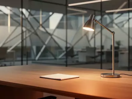 Ein minimalistischer, leerer Schreibtisch mit einer Schreibtischlampe in einem modernen, hellen Bürogebäude. - Foto: über boerse-global.de