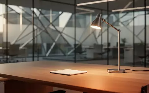 Ein minimalistischer, leerer Schreibtisch mit einer Schreibtischlampe in einem modernen, hellen Bürogebäude. - Foto: über boerse-global.de
