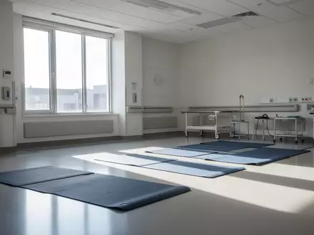 Ein heller, minimalistischer Therapieraum mit ausgelegten Gymnastikmatten in einer Klinik, ohne Personen. - Foto: über boerse-global.de