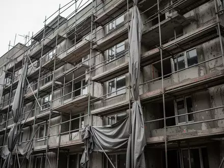 Ein Wohnblock mit Baugerüsten und Planen vor der Fassade unter bewölktem Himmel. - Foto: über boerse-global.de