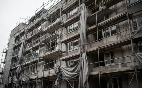 Ein Wohnblock mit Baugerüsten und Planen vor der Fassade unter bewölktem Himmel. - Foto: über boerse-global.de