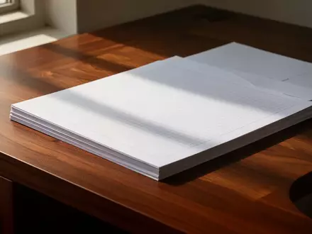 Ein minimalistischer Arbeitsplatz mit leeren, karierten Dokumenten auf einem Holztisch bei natürlichem Licht. - Foto: über boerse-global.de