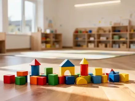 Ein heller, moderner Gruppenraum in einer Kindertagesstätte mit Holzbausteinen auf einem Holzboden. - Foto: über boerse-global.de