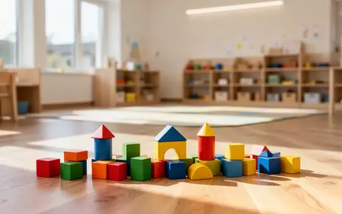 Ein heller, moderner Gruppenraum in einer Kindertagesstätte mit Holzbausteinen auf einem Holzboden. - Foto: über boerse-global.de