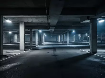 Ein leeres, nächtliches Parkhaus mit Betonpfeilern und düsterer Beleuchtung. - Foto: über boerse-global.de