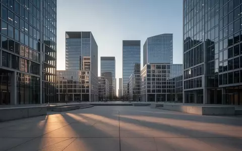 Moderne Bürogebäude in einem Finanzviertel bei Dämmerung mit leeren Plätzen und architektonischen Schatten. - Foto: über boerse-global.de