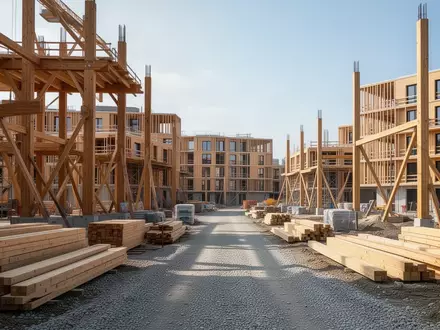 Baustelle eines modernen Wohnquartiers in Holzhybridbauweise mit Rohbauten und Baumaterialien unter blauem Himmel. - Foto: über boerse-global.de