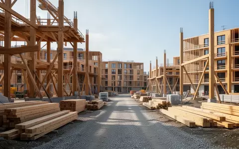 Baustelle eines modernen Wohnquartiers in Holzhybridbauweise mit Rohbauten und Baumaterialien unter blauem Himmel. - Foto: über boerse-global.de