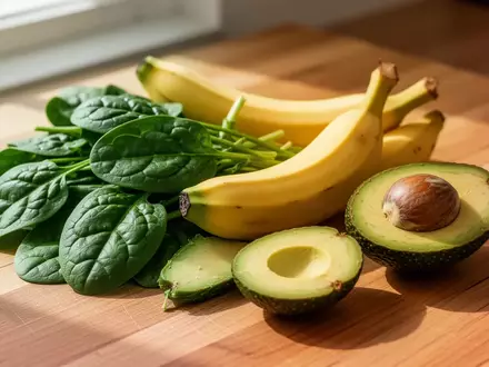 Frisches, kaliumreiches Gemüse wie Spinat, Bananen und Avocados auf einer hölzernen Küchenoberfläche bei natürlichem Licht. - Foto: über boerse-global.de