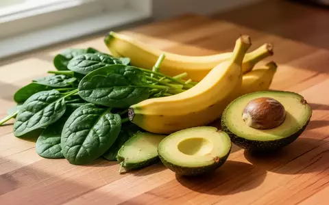 Frisches, kaliumreiches Gemüse wie Spinat, Bananen und Avocados auf einer hölzernen Küchenoberfläche bei natürlichem Licht. - Foto: über boerse-global.de