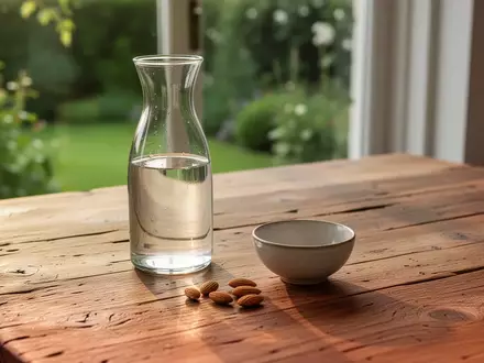 Ein heller Holztisch mit einer Glaskaraffe Wasser und einigen Mandeln vor einem unscharfen Gartenhintergrund. - Foto: über boerse-global.de