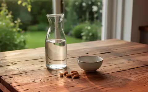 Ein heller Holztisch mit einer Glaskaraffe Wasser und einigen Mandeln vor einem unscharfen Gartenhintergrund. - Foto: über boerse-global.de