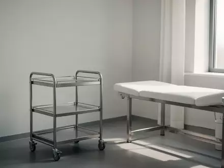 Ein minimalistischer, leerer Behandlungsraum in einer Klinik mit hellem Tageslicht und einer Untersuchungsliege. - Foto: über boerse-global.de