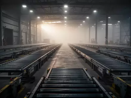 Leere Industrie-Förderbänder in einer verlassenen Lagerhalle bei Dämmerlicht. - Foto: über boerse-global.de