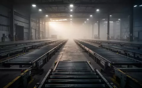 Leere Industrie-FörderbĂ€nder in einer verlassenen Lagerhalle bei DĂ€mmerlicht. - Foto: ĂŒber boerse-global.de