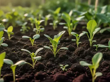 Nahaufnahme von frischen grünen Pflanzensprossen in nährstoffreicher, dunkler Gartenerde. - Foto: über boerse-global.de