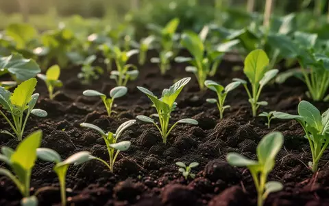 Nahaufnahme von frischen grünen Pflanzensprossen in nährstoffreicher, dunkler Gartenerde. - Foto: über boerse-global.de