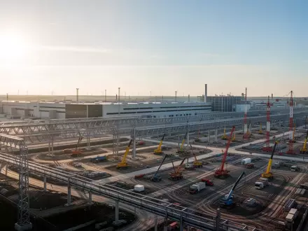 Eine moderne Industrielandschaft mit einer Großbaustelle für Infrastrukturprojekte unter einem klaren Himmel. - Foto: über boerse-global.de