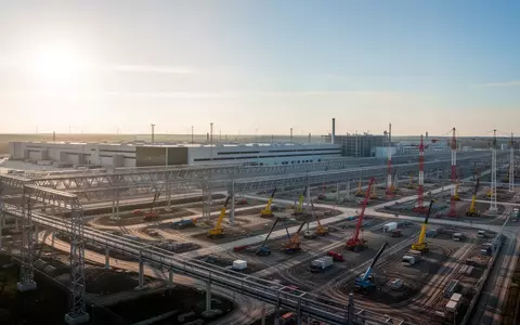 Eine moderne Industrielandschaft mit einer GroĂbaustelle fĂŒr Infrastrukturprojekte unter einem klaren Himmel. - Foto: ĂŒber boerse-global.de