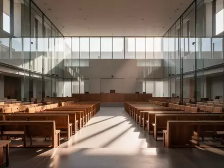 Leerer Plenarsaal mit modernen Glaswänden und Holzreihen bei natürlichem Lichteinfall. - Foto: über boerse-global.de