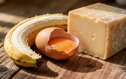 NatĂŒrliche, unverarbeitete Lebensmittel wie eine Banane, ein Ei und ein StĂŒck KĂ€se auf einer rustikalen HolzoberflĂ€che. - Foto: ĂŒber boerse-global.de