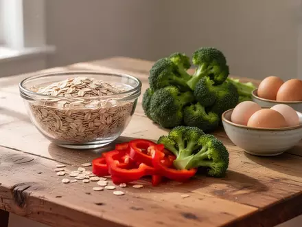 Eine Auswahl an frischen Lebensmitteln wie Haferflocken, Paprika, Brokkoli und Eiern auf einem hölzernen Küchentisch. - Foto: über boerse-global.de