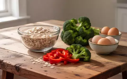 Eine Auswahl an frischen Lebensmitteln wie Haferflocken, Paprika, Brokkoli und Eiern auf einem hölzernen Küchentisch. - Foto: über boerse-global.de